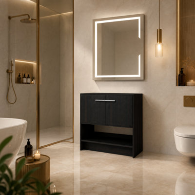 Base de meuble-lavabo autoportant de 36 pouces avec tablette ouverte, armoire de rangement en contreplaqué au fini chêne noir, meuble-lavabo moderne pour salle de bain, salle d'eau (lavabo non inclus)
