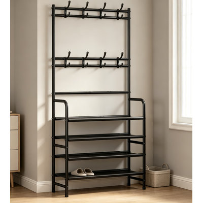 Coat Rack Shoe Rack with Storage Hooks, Standing Entryway Organizer with Shelves for Shoes, Hats, and Clothes, Metal Shoe Storage Shelf for Bedroom, Hallway, or Dorm
