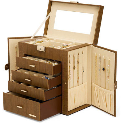 Large Jewelry Box With Mirror And Lock - Watch Organizer With Multiple Drawers And Swing-Out Cabinets For Necklaces, Rings, Earrings, And Bracelets Storage