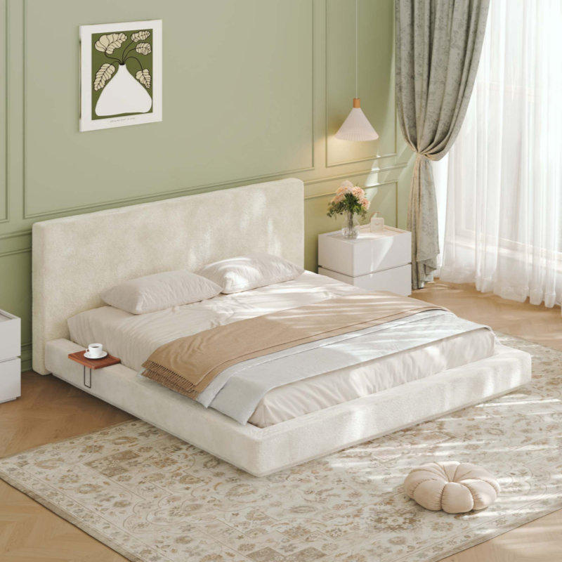 Cadre de lit avec table de chevet coulissante réglable, effet flottant, coussin rembourré en mousse 8,7 po, montage facile