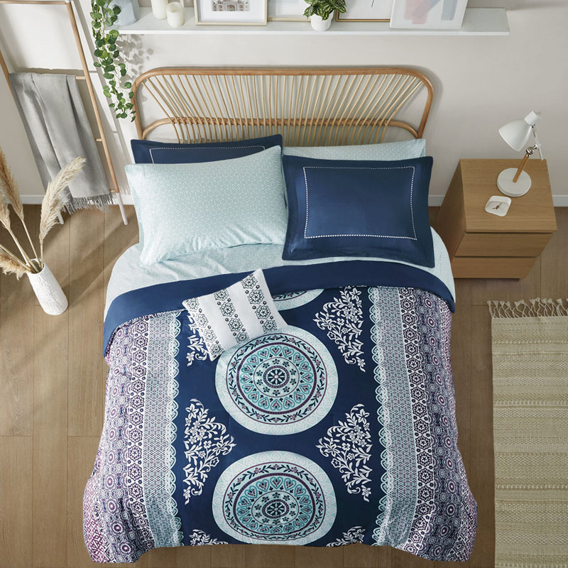 Édredon pour lit double avec draps - Imprimé de plumes de style bleu marine, Édredon double + 8 pièces supplémentaires inclu