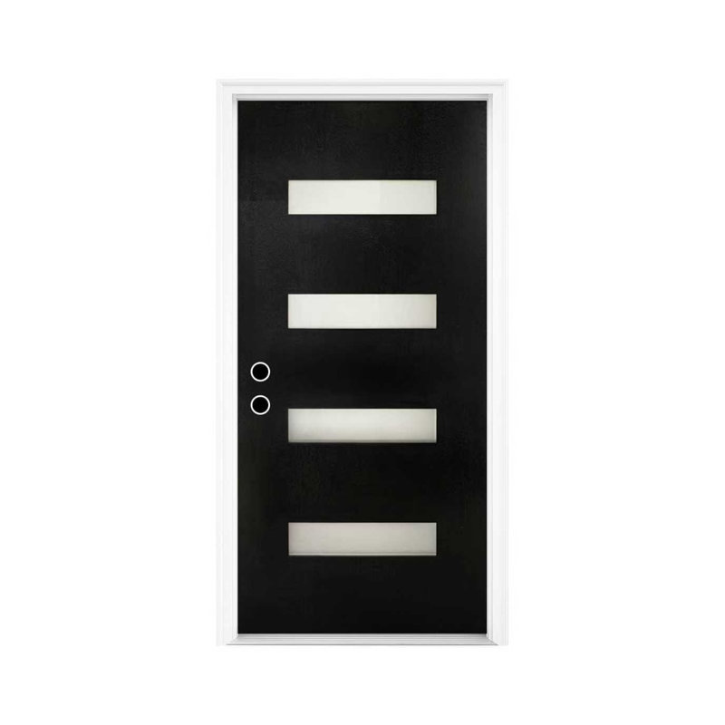 Porte d'entrée en fibre de verre noire 36 po x 80 po avec moulure à brique et verre givré, ouverture à droite