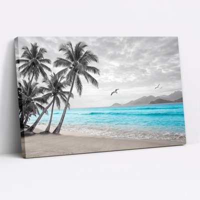 Art mural sur toile de palmiers noir et blanc et eau turquoise sur sable