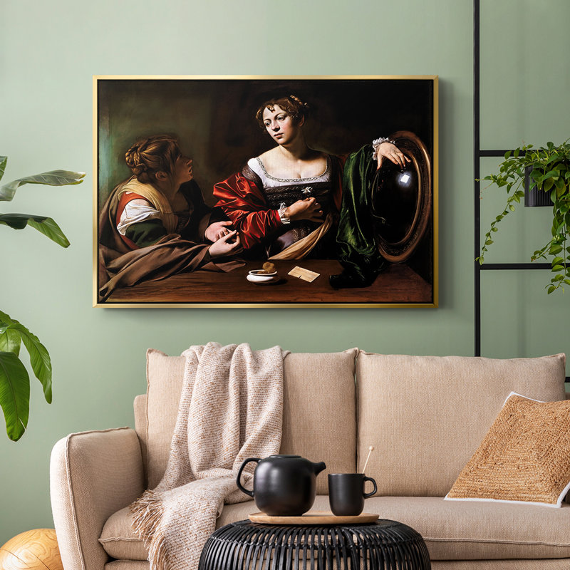 Martha et Mary Magdalene, v. 1598 - Toile tendue avec châssis Caravaggio, 24 po x 36 po, Doré