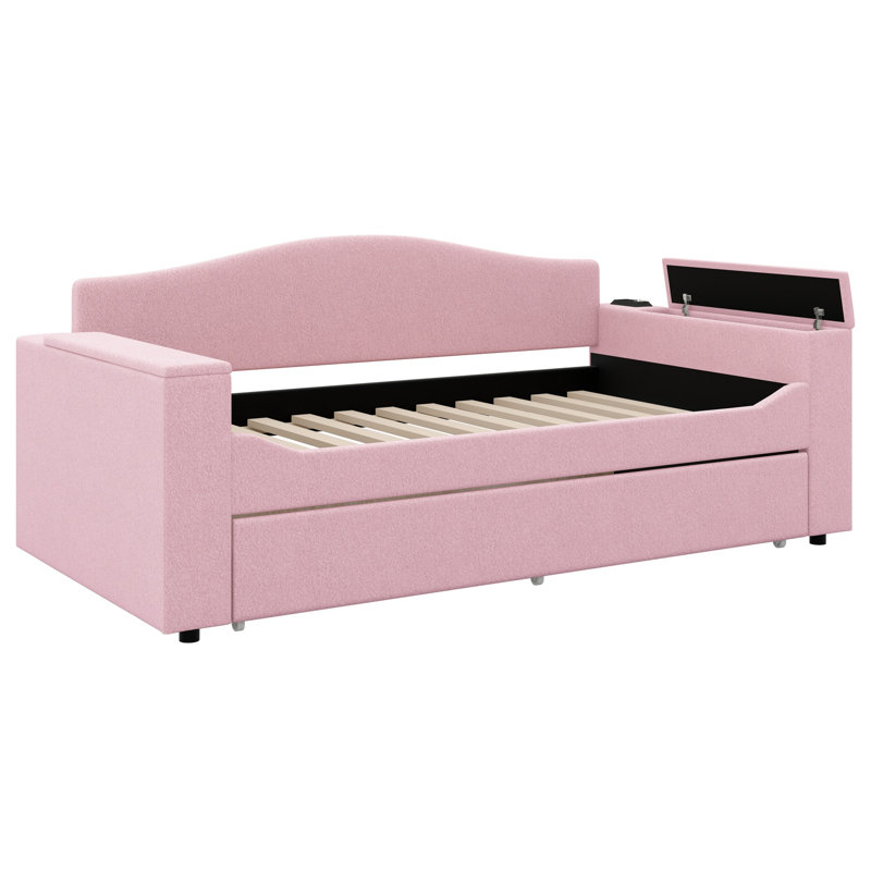 Upholstered Daybed With Storage Armrests, Trundle And Latest Integrated Bluetooth Audio System, Teddy Fleece,, Pink