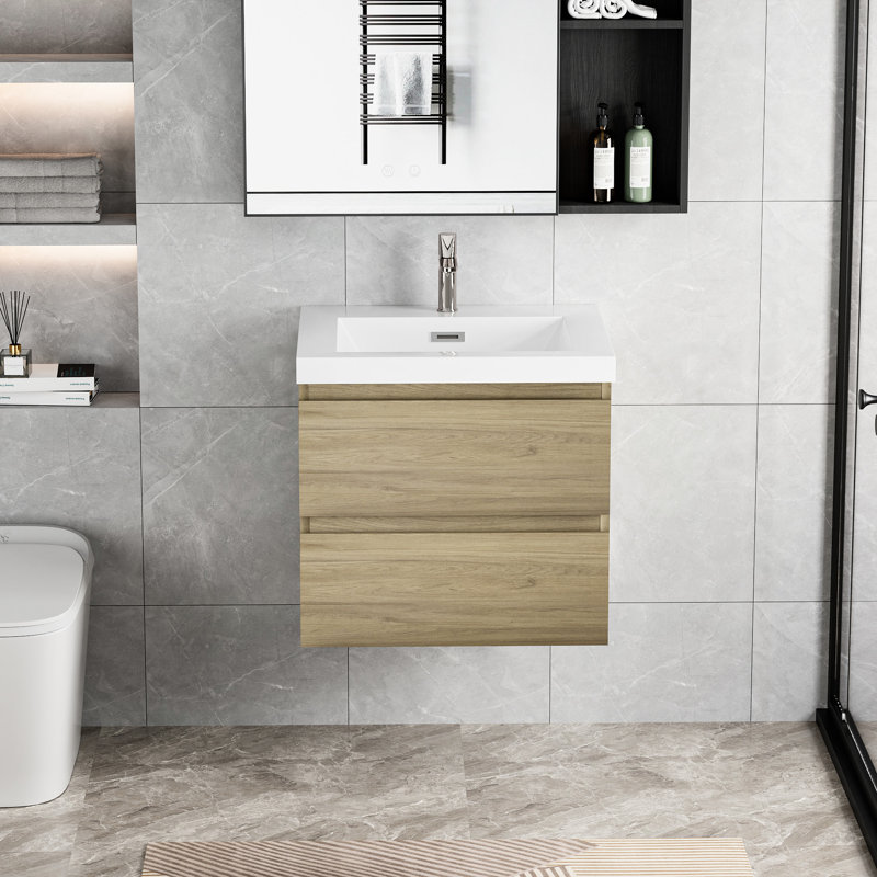 Meuble-lavabo de salle de bain avec lavabo 24 po, armoire moderne avec plateau en résine de chêne naturel et tiroirs à fermeture en douceur 24 po, chêne, lavabo