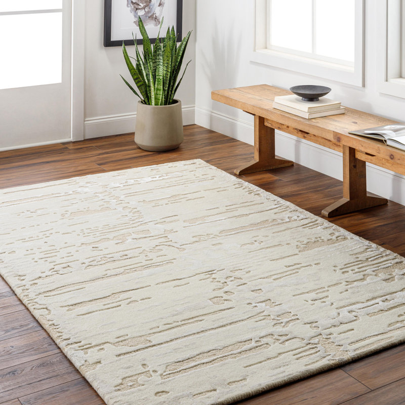 Tapis rectangulaire en laine / viscose touffeté à la main ivoire Dreamscape, Rectangle 8 pi x 10 pi