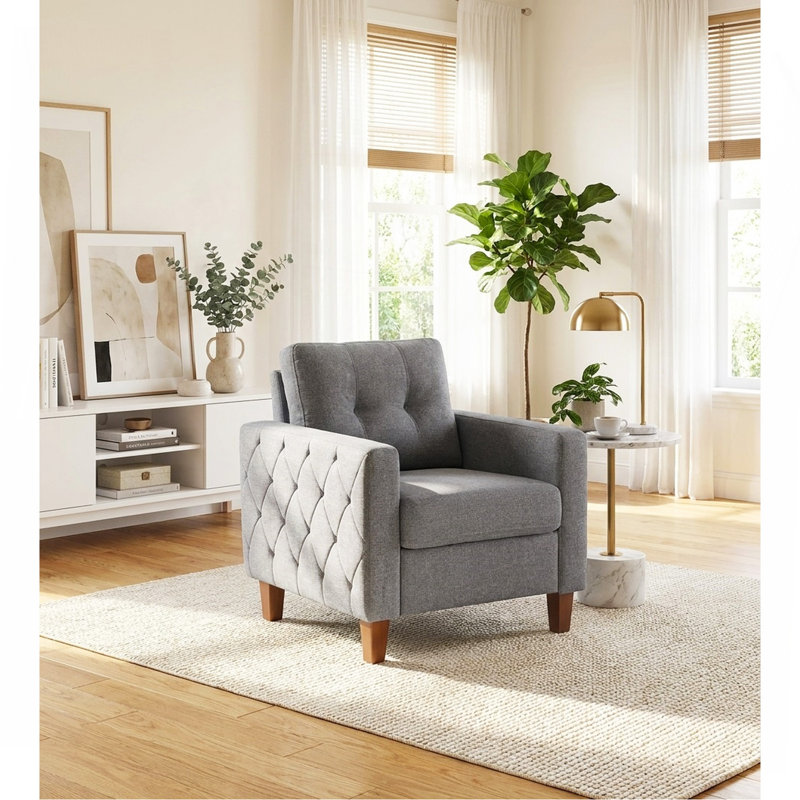 Fauteuil capitonné capitonné à garniture carrée à accoudoirs carrés, meubles de salon transitionnels en tissu de polyester