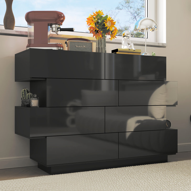 Irregular Modern 8 Drawers Dresser With Glossy Finish, Black
