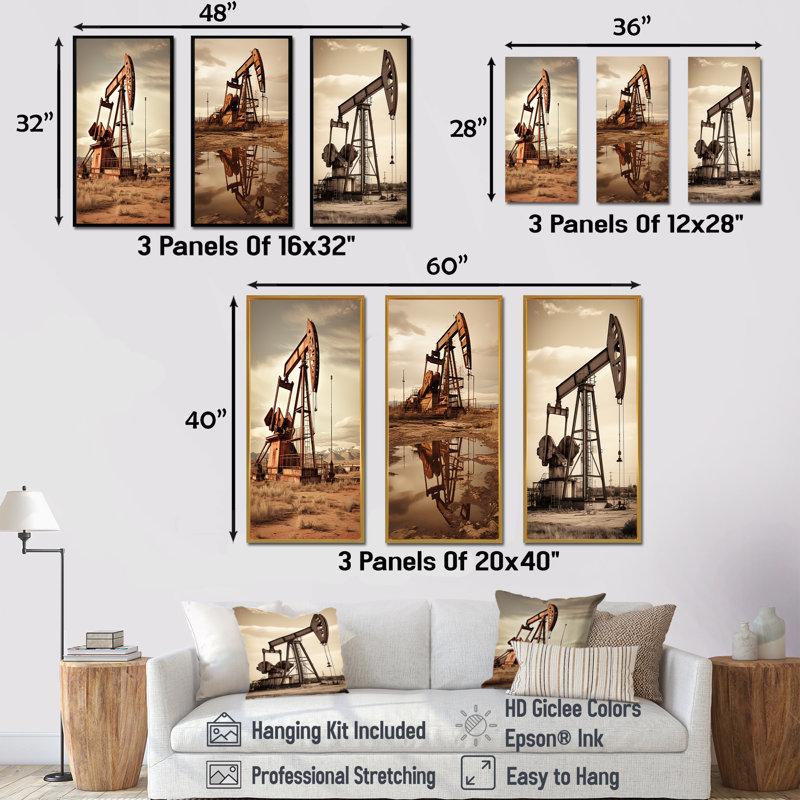 Moderne moderne, champ de forage en sépia, ensemble de 3 impressions sur toile, H 28 po x l 36 po, Cadre flottant noir