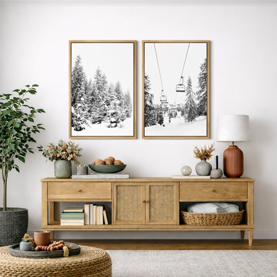 Winter Forest Snow Nature Landscape Black And White Photography, Rustic Modern Woodland Pine Tree Pictures, Giclee Canvas Digital Print Framed Wall Art  16x24x2 pcs, 24x36x2 pcs