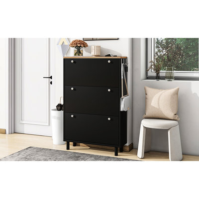 Armoire autoportante à 3 chaussures, noire, tablette réglable, finition grain de bois, 3 crochets, pour entrée, armoire compacte à panneaux de particules avec tiroirs rabattables et entrée noire