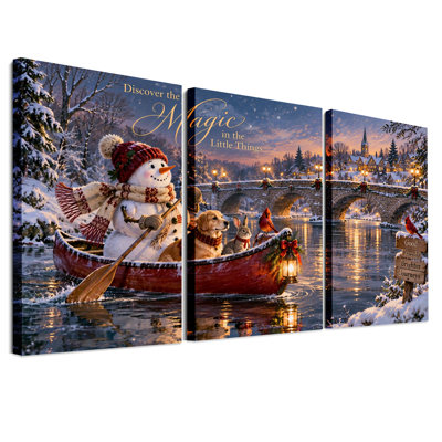 «Snowman Rowing Red Canoe with Dog and Christmas», ensemble de 3 toiles murales