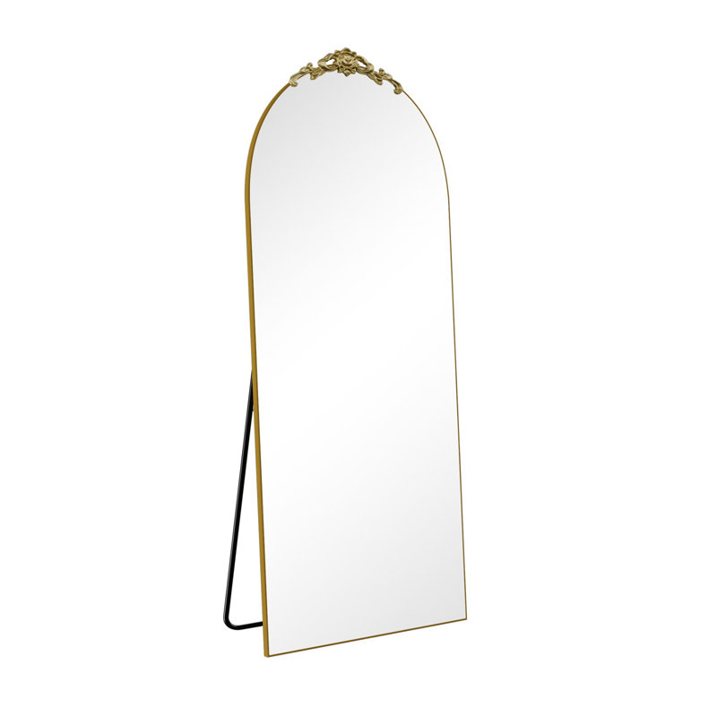 Large Arched Rectangle Wood Framed Full-Length Mirror with Stand Bathroom Vanity Mirror, 67" x 39", Gold