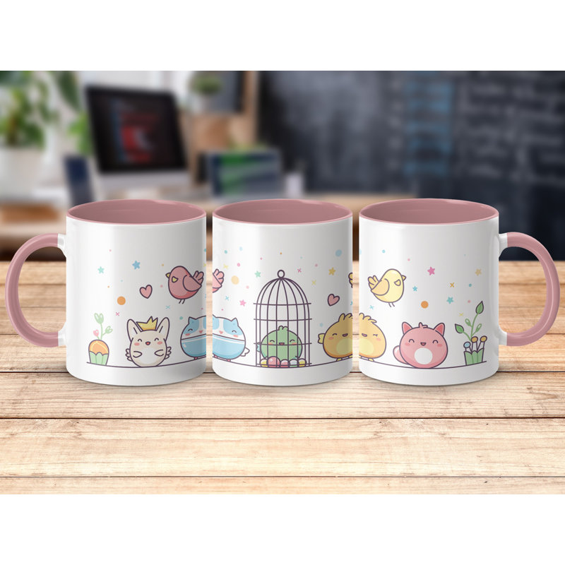 Kids Drawing Style 11oz Accent Mugs – Ceramic Coffee Cup with a Pink Handle and Interior
