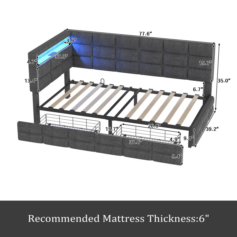 Twin Size Daybed With Storage 2 Drawers And Charging Station, Day Bed Frame With LED Lights And Storage Headboard, No Box-Spring Needed