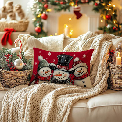Housse de coussin de Noël d'hiver 12 x 20 pouces, bonhommes de neige, décoration de flocons de neige, décor de maison de ferme pour canapé-lit (rouge) AA760-12