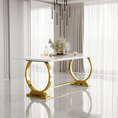 Table de salle à manger blanche spacieuse de 80 pouces avec base en U en miroir