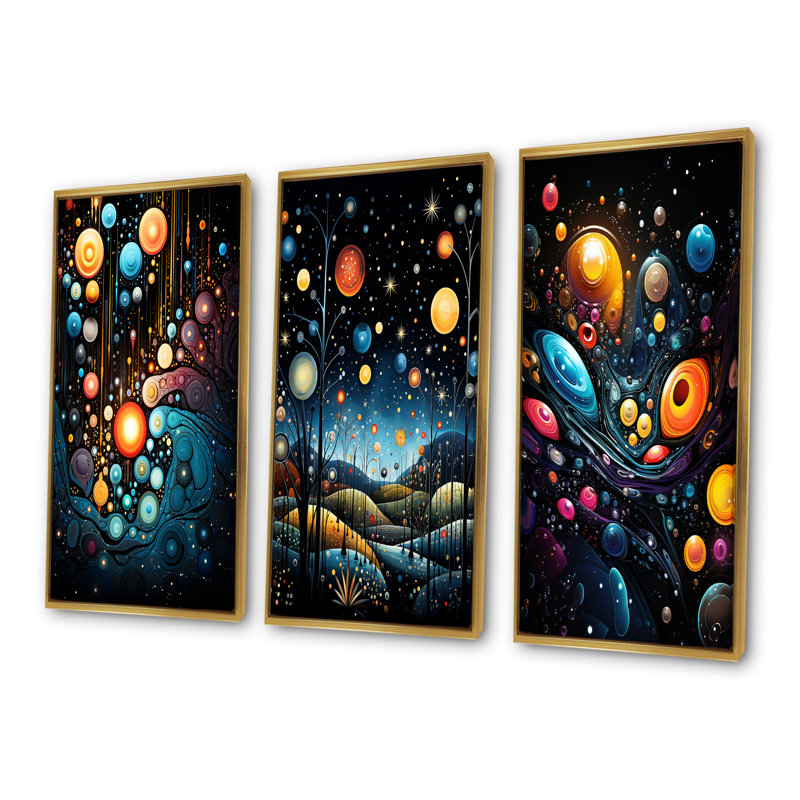 Cosmic Planets Dreams Landscape I - Ensemble de 3 décorations murales fantastiques, Cadre flottant doré, H 32 po x l 48 po