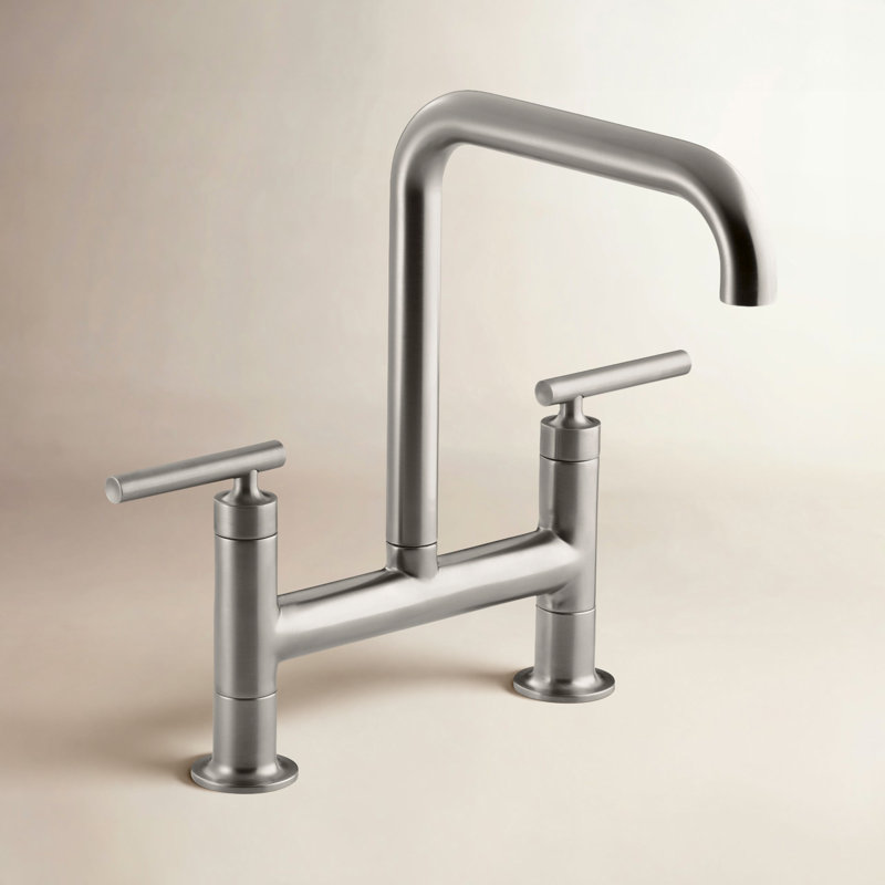 Robinet pont d'évier de cuisine à deux trous à fixation sur le comptoir Purist, Acier inoxydable vibrant
