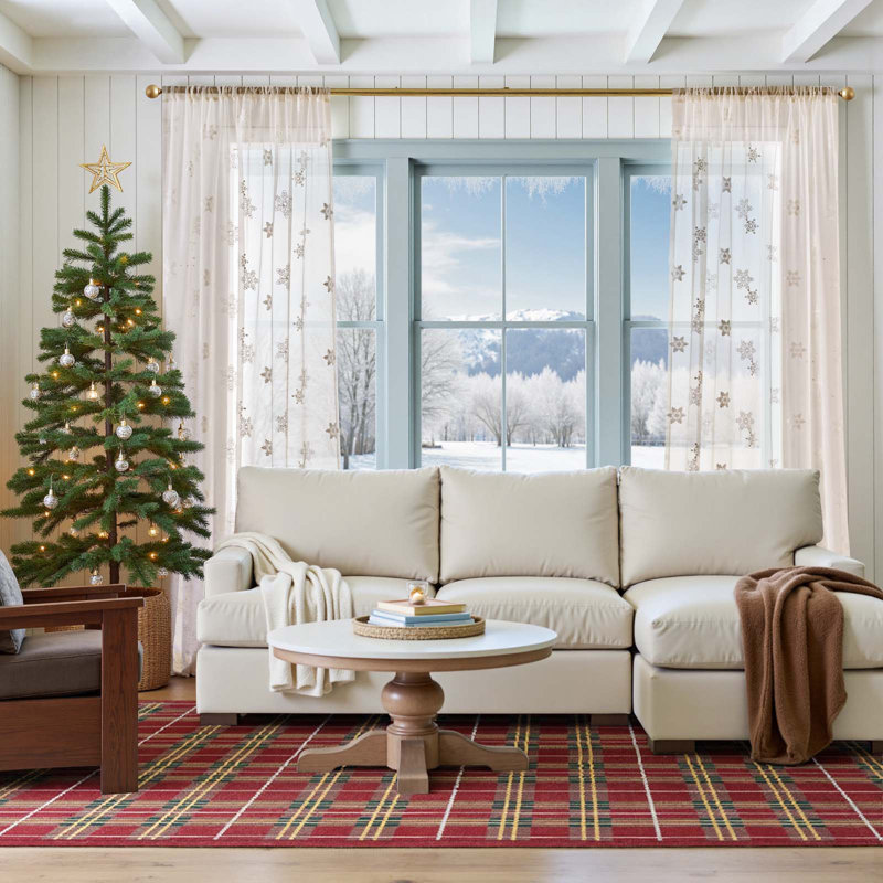 Rideaux brodés transparents rideaux de Noël blanc cassé flocon de neige voile décorations de Noël hiver, L 50 po x L 84 po