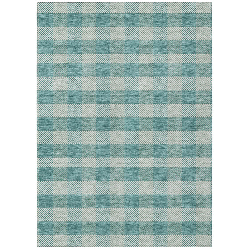 3' X 5' Teal Blue And Ivory Plaid Washable Indoor Outdoor Area Rug