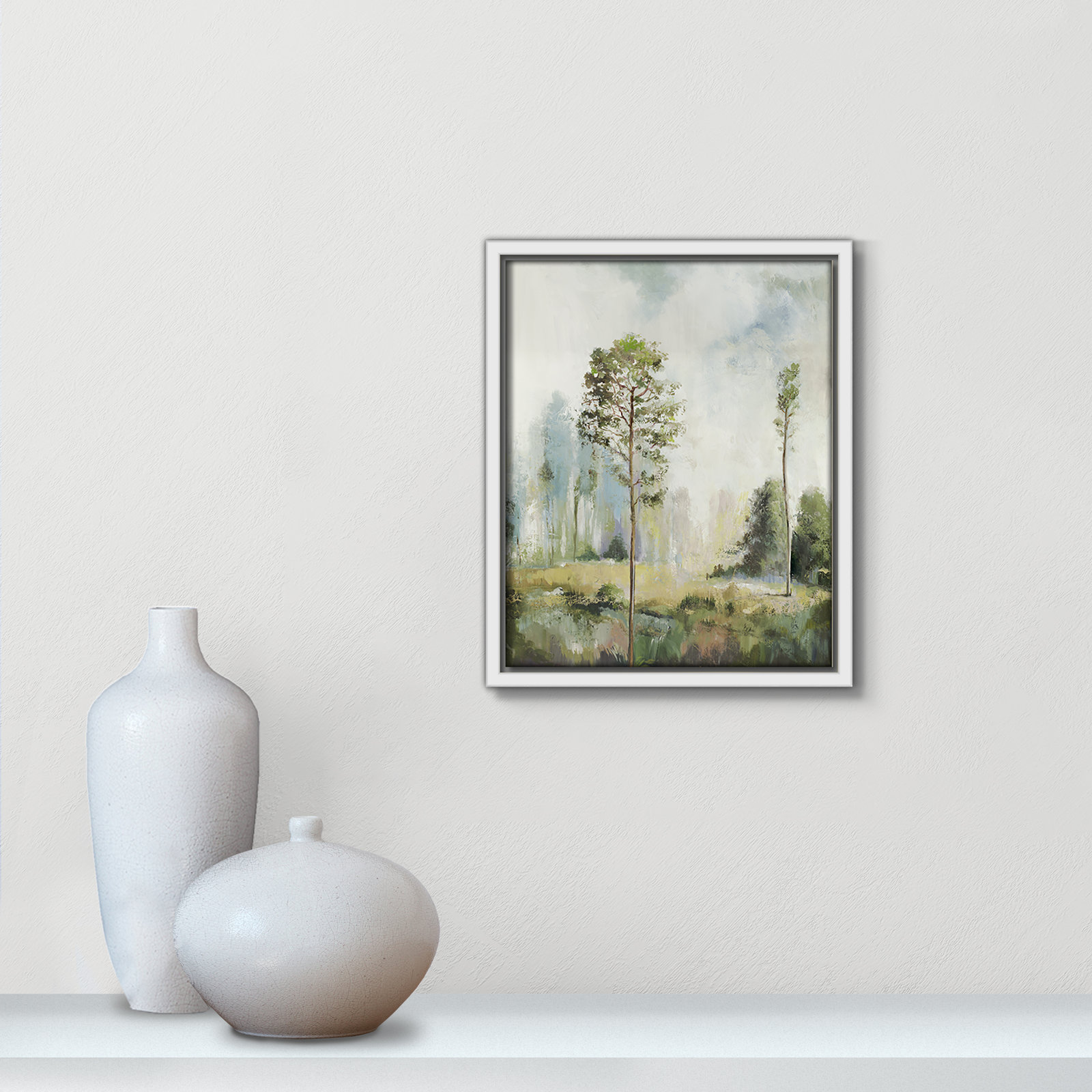 Tall Green Trees I by Teton Pearce - Floater Frame Print on Canvas, 11.5" H x 9.5" W, White