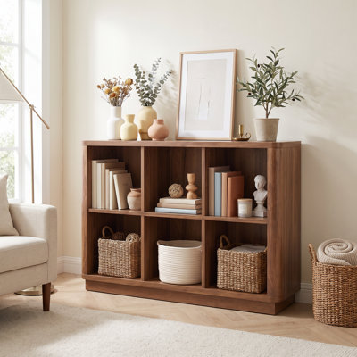 Bibliothèque moderne de style Mid-Century à 6 cubes, 103 cm (40,5 po) de long, tablette horizontale à 2 niveaux avec ouverture, idéale pour le salon, la chambre ou le bureau à domicile.