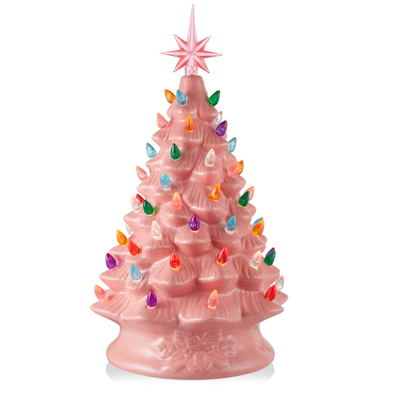 Arbre de Noël en céramique peint à la main, arbre illuminé de 15 pouces avec 128 lumières multicolores et 2 étoiles, Rose