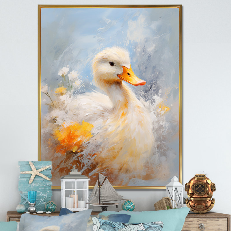 Canard blanc et jaune, élégance à plumes - Art mural animal canard, Cadre flottant doré, 44" H x 34" W