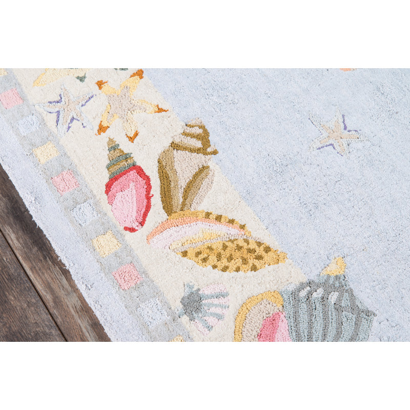 Tapis bleu en coton crocheté coquillage fait main Tamins, Tapis de couloir 2 pi 6 po x 8 pi