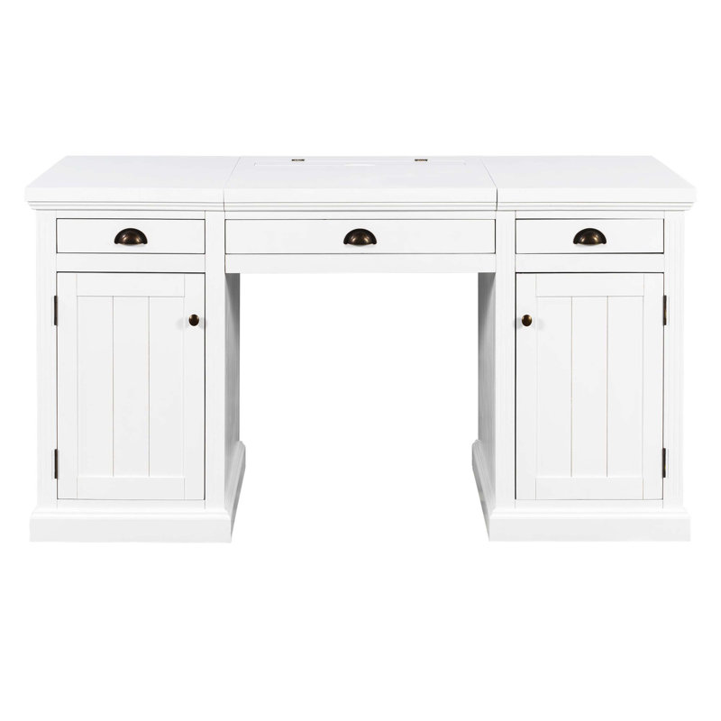 Bureau de direction blanc moderne de 67 po, bureau d'ordinateur rectangulaire avec 3 tiroirs et 2 portes en bois, poste de travail multi-scène