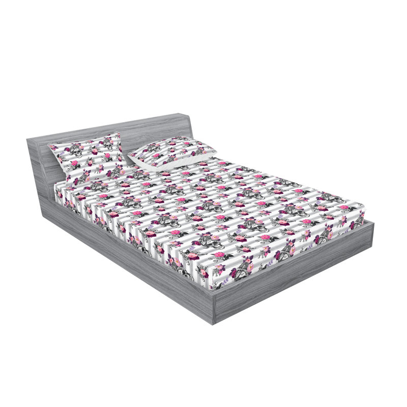 Ambesonne Fitted Sheet & Sham Set, Cal.King Sheet Set with 2 Pillowcases, Pink/White/Gray Skull Floral