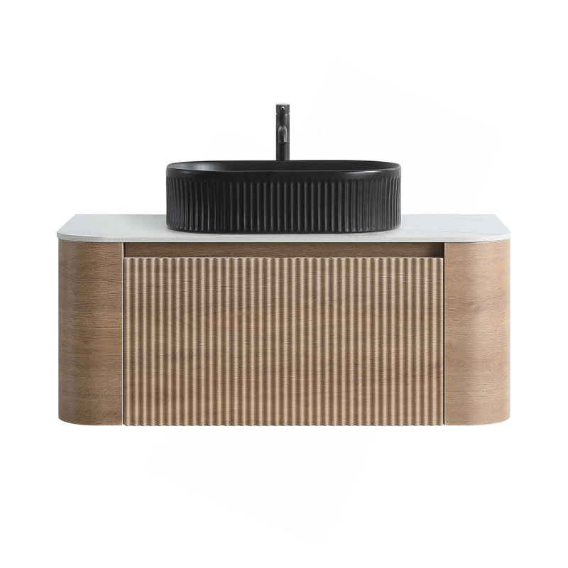 Meuble-lavabo Erba 36 pouces avec lavabo, armoire murale couleur miel avec porte-serviettes offert, lavabo ovale noir à rayures en céramique, sans bonde ni robinet, préassemblé