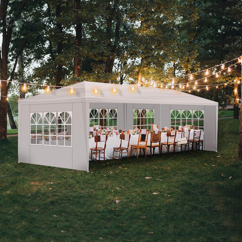 Chapiteau blanc de 9 x 3 m avec 5 parois latérales amovibles pour fêtes, mariages, remises de diplômes et événements en plein air