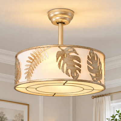 20" Boho Caged Ceiling Fan with Light and Remote, Leaf Pattern Shade, 6 Speeds