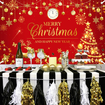 Merry Christmas Happy New Year Banner Christmas Red Gold Banner Happy New Year Banner Merry Christmas And Happy New Year Banner For Christmas And New Years Decorations 70.8 X 43.3 Inch (Red)