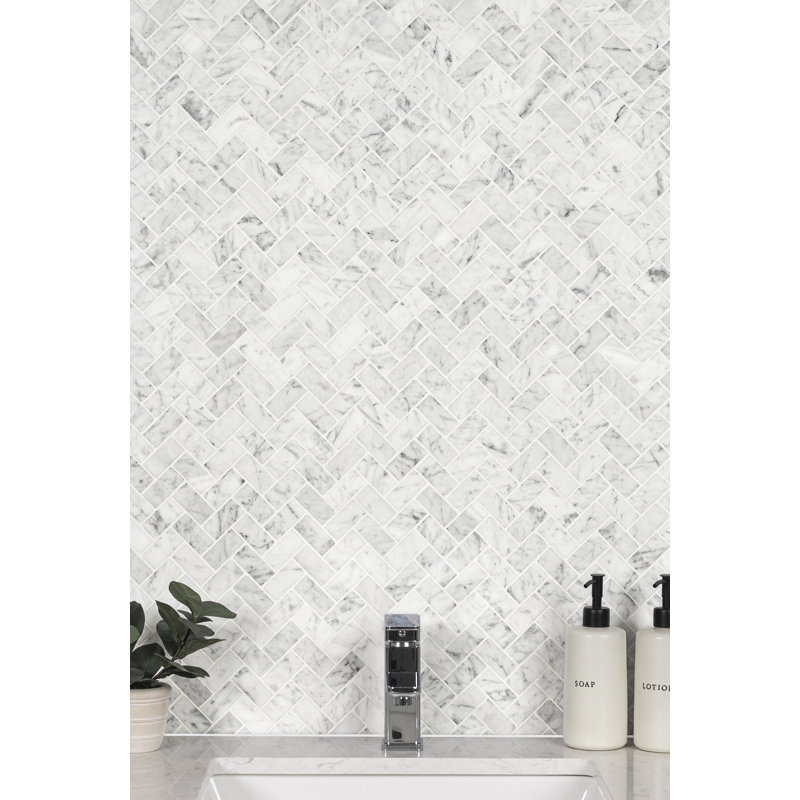 Carrara White Herringbone 12 in. x 12 in. Honed Marble Mosaic Floor and Wall Tile