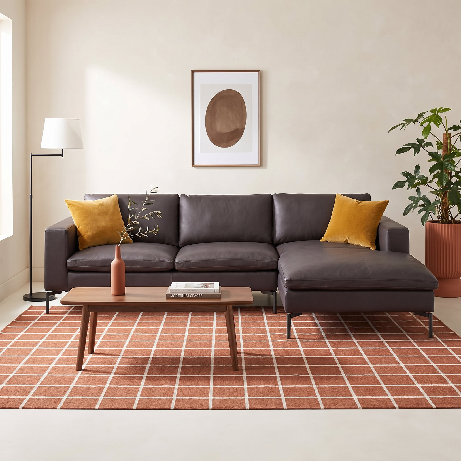 New Standard Upholstered Chaise L-Sectional, Right Hand Facing, Toffee Leather, Black
