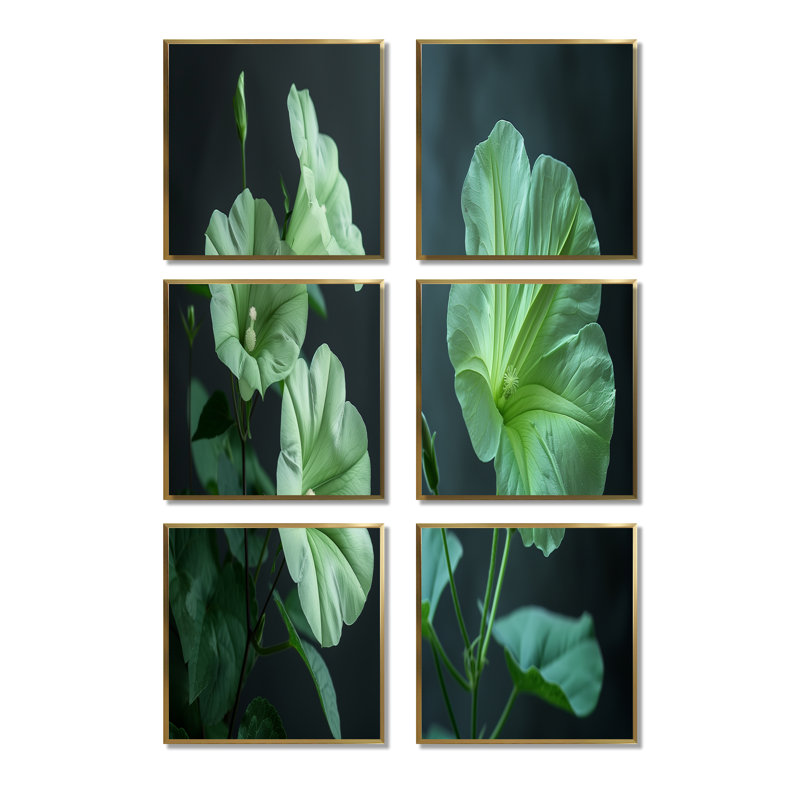 «Green Garden Meadow Morning Glory», ensemble de 6 reproductions d'art mural, Impression encadrée sans passe-partout, Doré