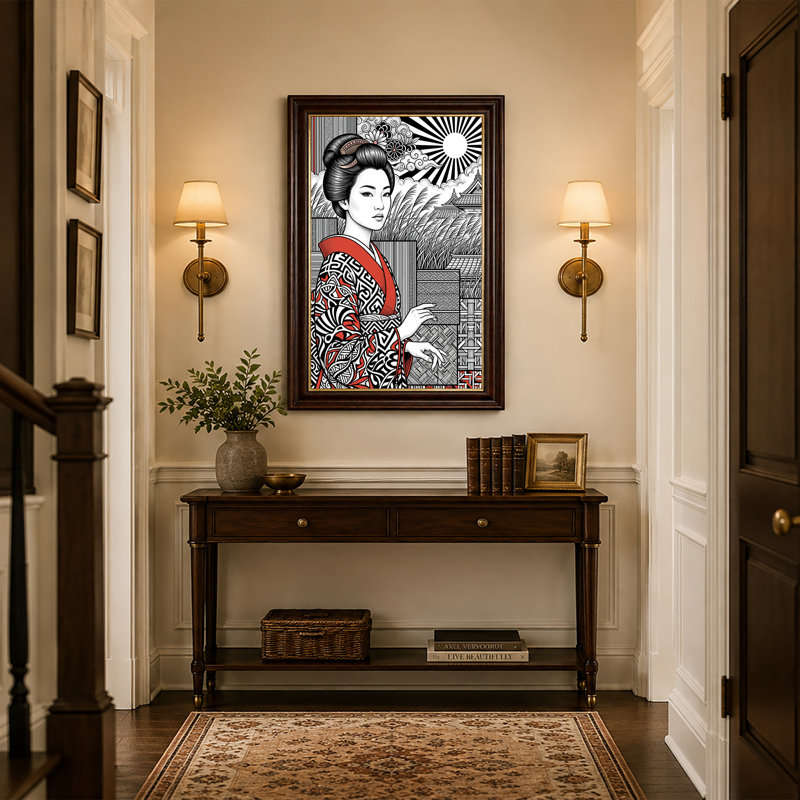 «Geisha in Red and Black Kimono with Rising Sun and Pagoda», art mural, H 18 po x l 12 po
