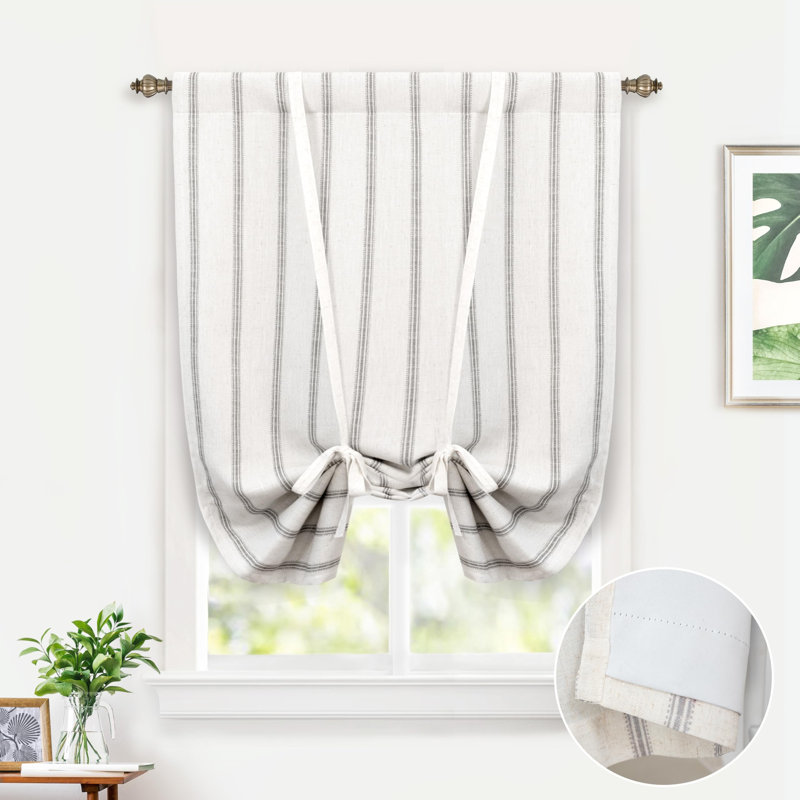 Waddah Farmhouse Double Layer Linen Blackout Tie Up Curtains Thermal Insulated Vertical Striped Fully Lined Balloon Roman Shade Bathroom Window Adjustable Rod Pocket
