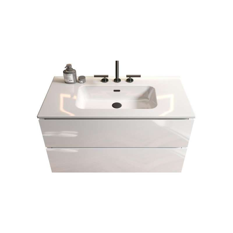 Meuble-lavabo mural avec lavabo en céramique avec trois trous de robinet, grand meuble-lavabo flottant de rangement pour salle de bain moderne, pré-assemblé