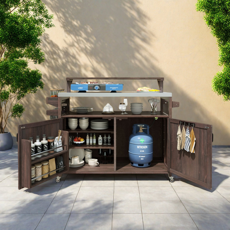 Outdoor Kitchen Island With Raised Shelf, Stainless Steel Top, Internal Storage Racks, Adjustable Shelves And Spice Rack