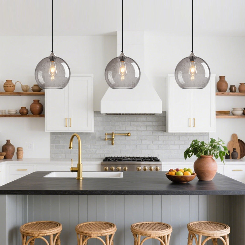 Charolyn 3 - Light Single Pendant Light Globe Pendant Light Fixtures Glass Pendant Lights Kitchen Island Lighting, Gray