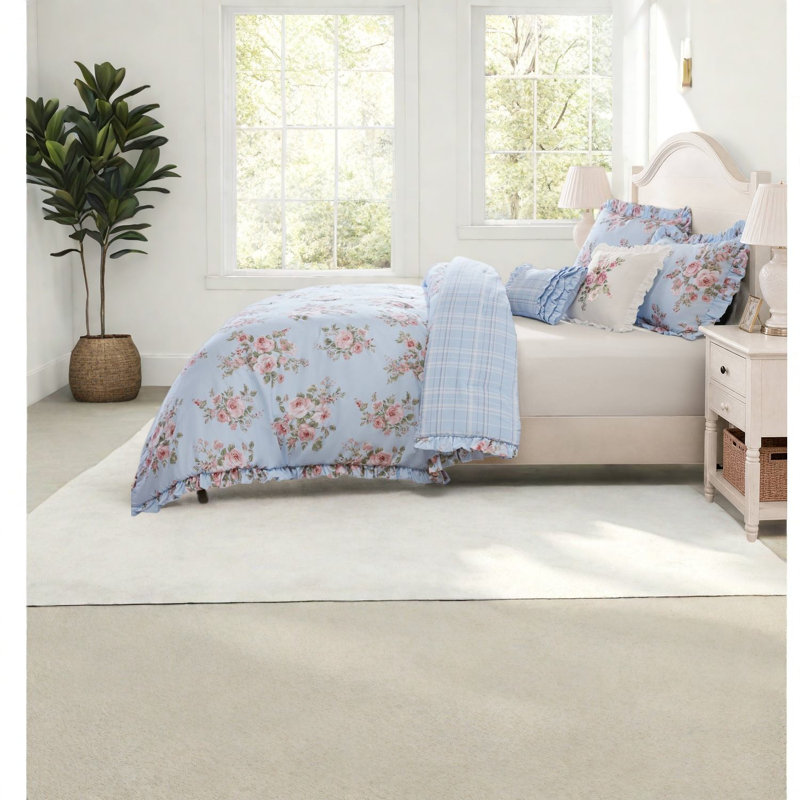 Bedding Sets King Comforter Set, Blue Floral Microfiber, Farmhouse Bedroom