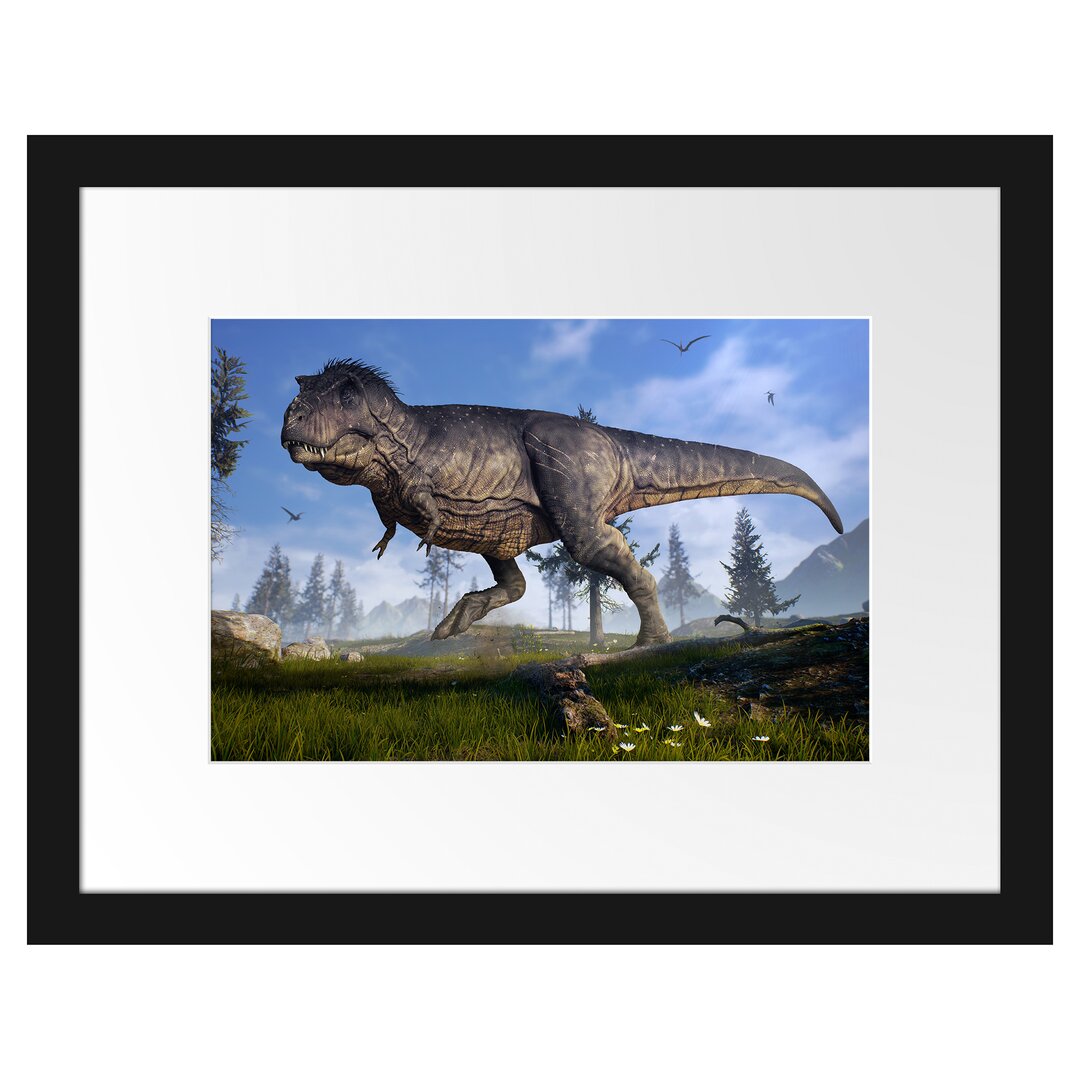 Gerahmtes Poster T-Rex Dinosaurier in der Natur