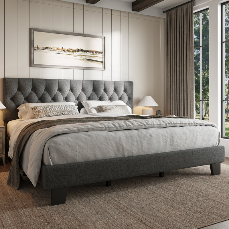 King Upholstered Bed Frame with Headboard, Button Tufted Linen Bed Base, Platform Bed with Wood Slat, Heavy Duty, Easy Assembly, No Box Spring Needed,Dark Grey