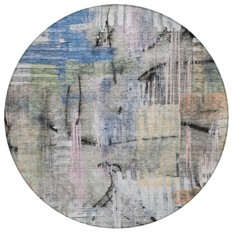Machine Washable Indoor/Outdoor Xhevrie Blue Rug, Round 8'