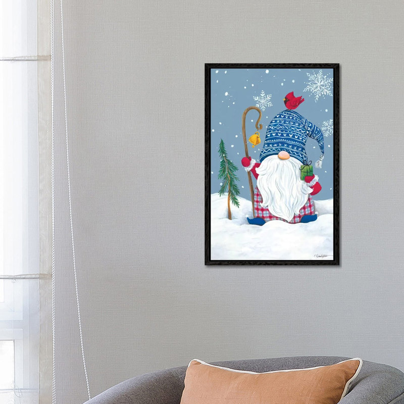 Snowy Gnome With Present by Diane Kater - Print on Canvas, Black Framed, 66.04 cm H x 45.72 cm W